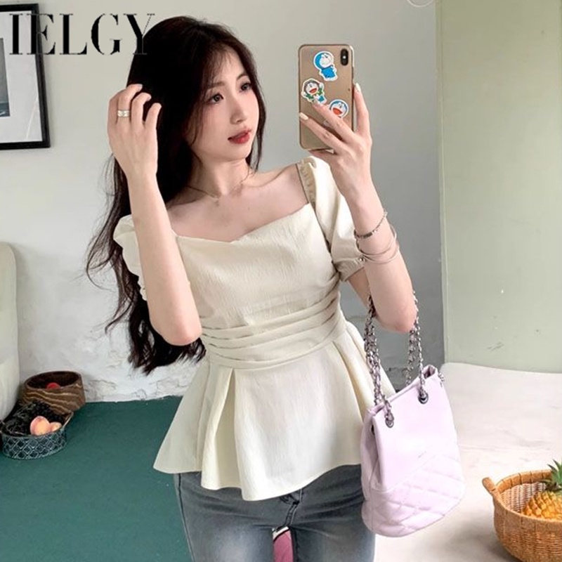 Áo Sơ Mi Ngắn Cổ Vuông Ôm Eo Phong Cách Pháp Thời Trang Cho Nữ