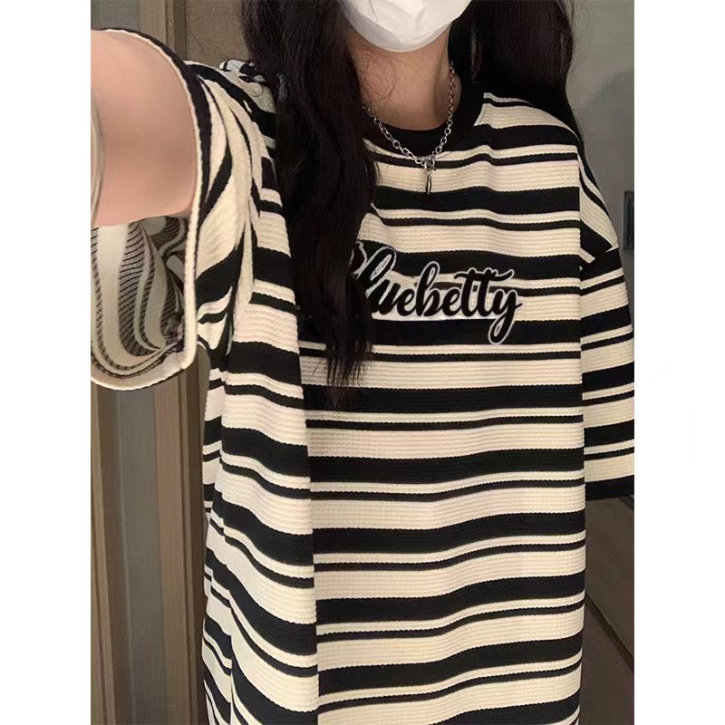 Áo Thun Tay Ngắn Dáng Rộng Họa Tiết Kẻ Sọc Phong Cách Retro Mỹ Thời Trang Mùa Hè Cho Nữ