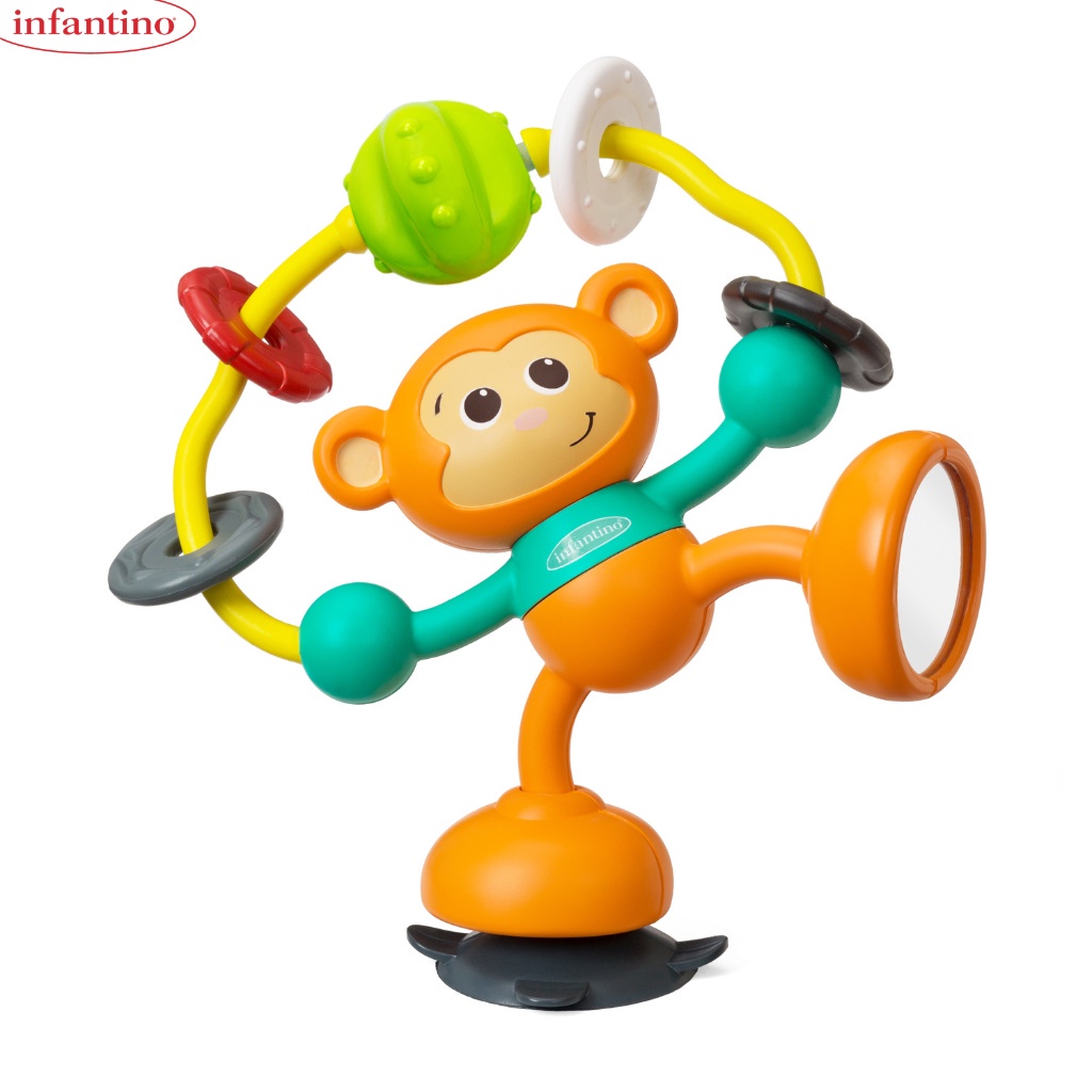 Đồ chơi hình khỉ cho bé INFANTINO Stick &amp; Spin High Chair Pal, đồ chơi có đế dính an toàn cho trẻ
