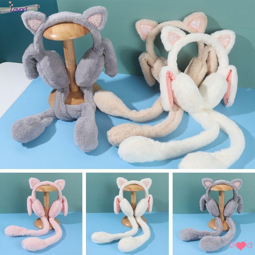 LAYOR1 Chụp Tai Bằng Lông Nhung Màu Sắc Trơn Hình Mèo Vui Nhộn