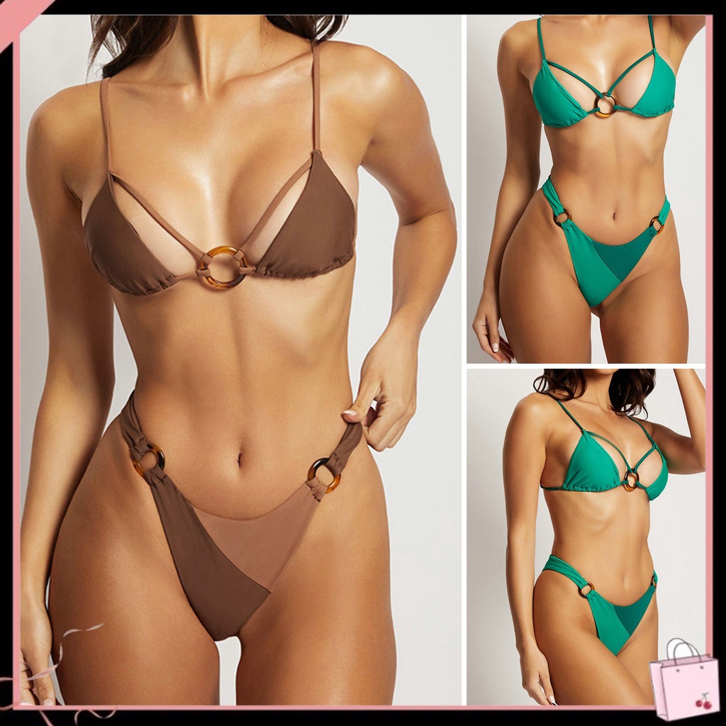 Bộ Bikini 2 Mảnh Dây Mảnh Có Vòng Nối Eo Cao Màu Sắc Quyến Rũ