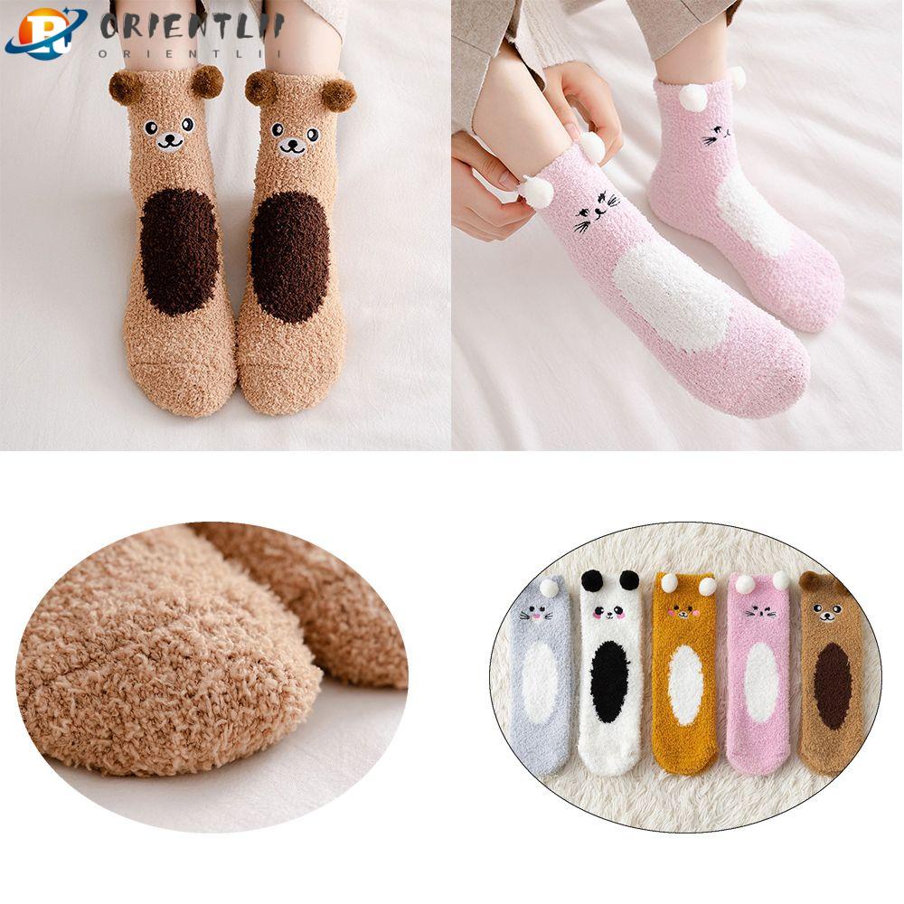 ORIENTLII Vớ Nhung San Hô Giữ Ấm Mùa Đông Hình Gấu Dễ Thương Cho Nữ