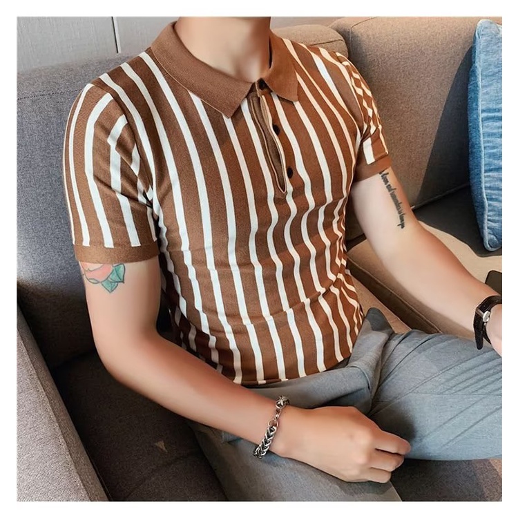 Áo Thun POLO Dệt Kim Kẻ Sọc Màu Sắc Tương Phản Phong Cách Anh Quốc Thời Trang Mùa Hè Cho Nam