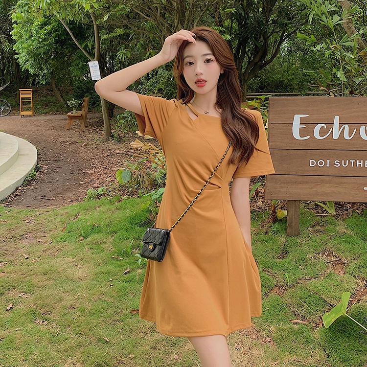 Đầm Tay Ngắn Cổ Tròn Màu Trơn Dáng Chữ A Thời Trang Mùa Hè Xinh Xắn Cho Nữ