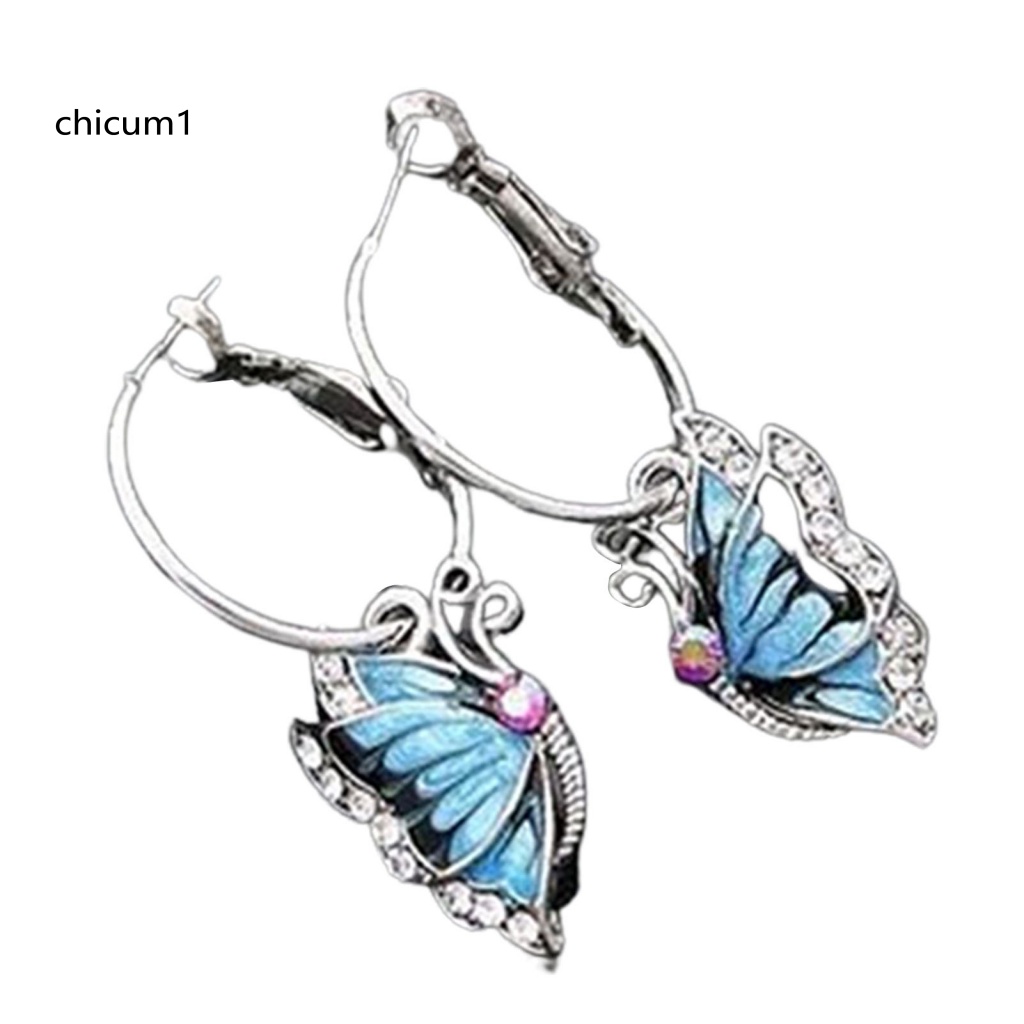 1 Cặp Bông Tai Hình Bướm Tráng Men Đính Đá Pha Lê Xanh Dương Cho Nữ