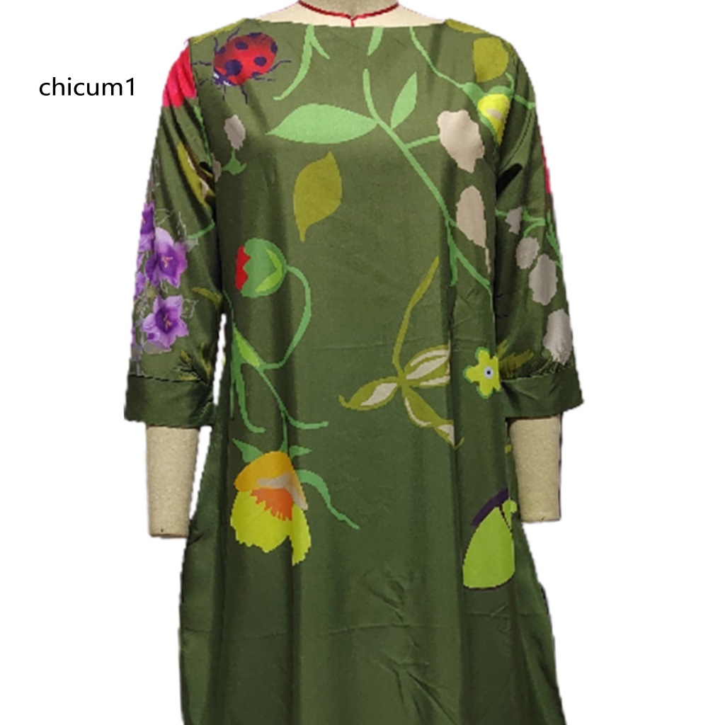 Đầm Maxi Cổ Tròn Tay 3 / 4 In Họa Tiết Hoa Lá Thời Trang Xuân Thu Xinh Xắn Cho Nữ