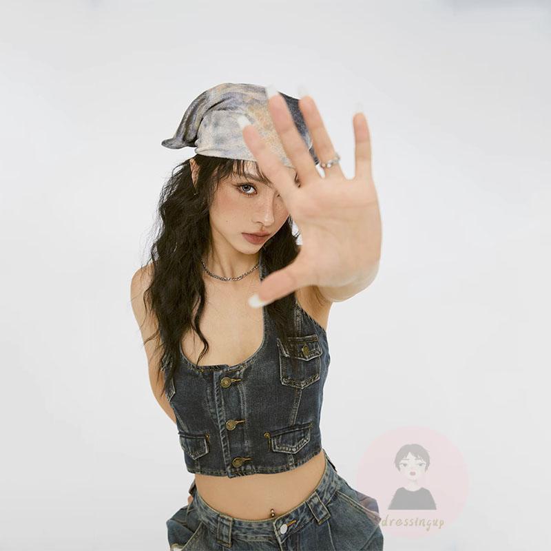 Áo Denim Sát Nách Hở Lưng Cài Nút Phong Cách Retro Thời Trang Mùa Hè Cho Nữ