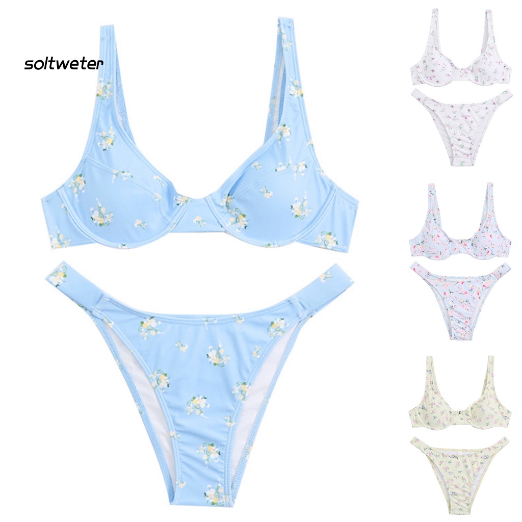 Bộ Đồ Bơi Bikini 2 Mảnh Hở Vai Họa Tiết Hoa Quyến Rũ Cho Nữ