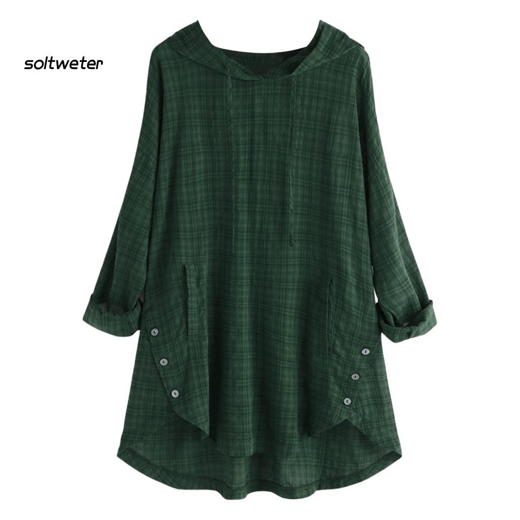 Áo Sơ Mi Tay Dài Dáng Chữ A Có Mũ Trùm Phối Dây Rút Plus Size Cho Nữ