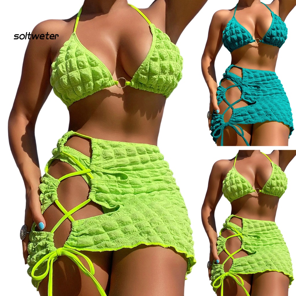Bộ Đồ Bơi 3 Món Bằng Polyester Mềm Mại Màu Trơn Có Đệm Ngực Thoáng Khí Gợi Cảm Cho Nữ