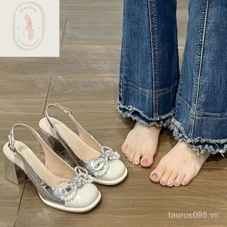 Sandal Cao Gót Da PU 6-8cm Mũi Vuông Phối Khóa Cài Phong Cách Thời Trang Mới 2023