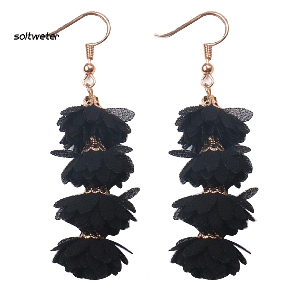 Khuyên Tai Móc Dáng Dài Mặt Hoa Vải Phối Tua Rua Phong Cách Boho