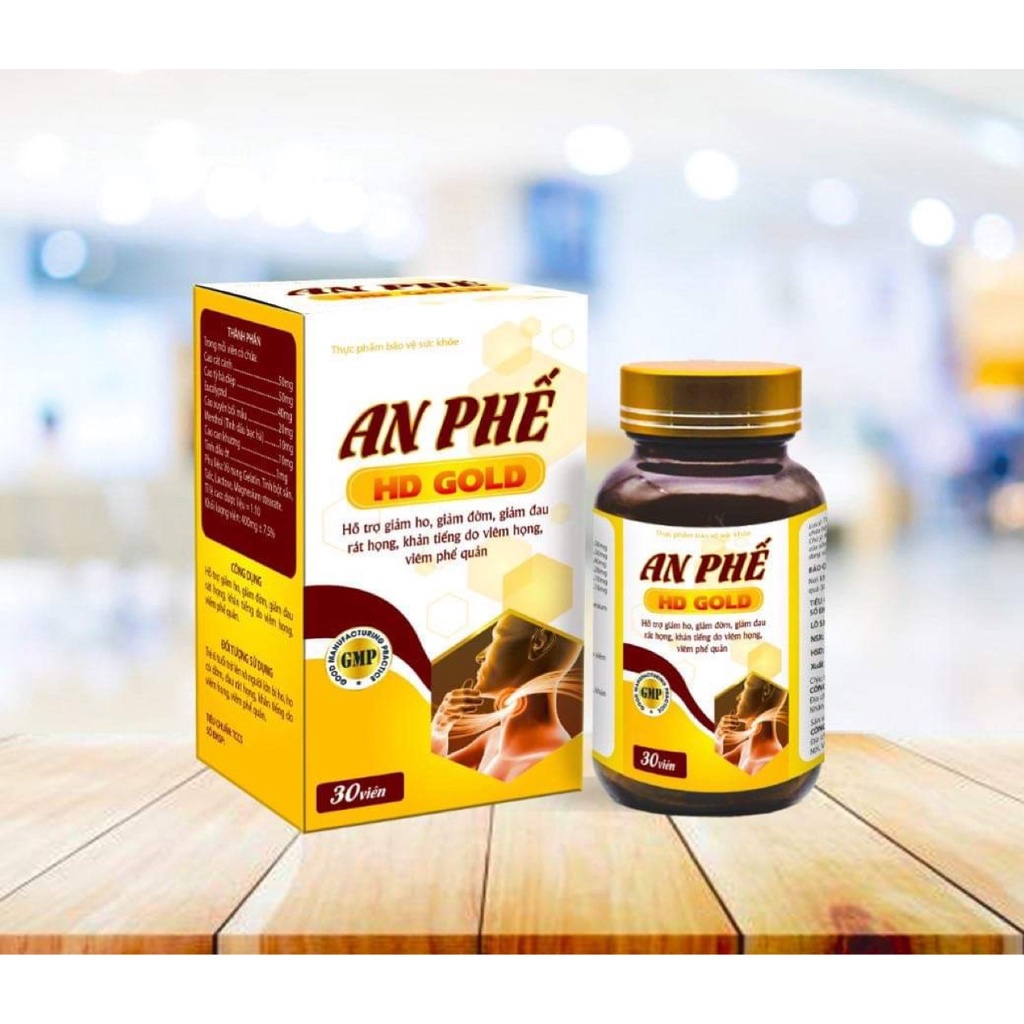 An Phế HD Gold Giúp Hỗ Trợ Giảm Ho, Giảm Đờm, Đau Rát Họng, Khản Tiếng Do Viêm Họng, Viêm Phế Quản - Hộp 30 viên