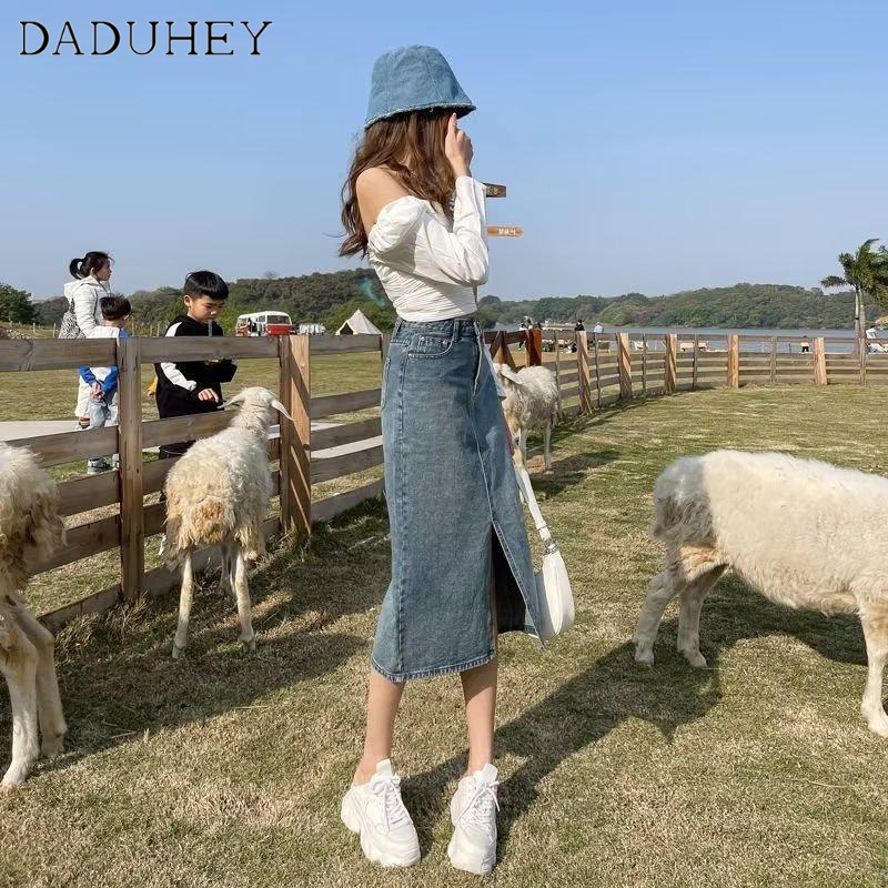 Chiết xuất denim DADUHEY ôm hông kiểu chữ A cạp cao xẻ tà vải giặt retri thời trang mới Hàn Quốc