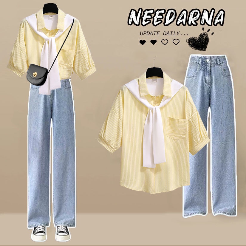 Áo Sơ Mi Ngắn Tay Giả Hai Lớp + Quần Jeans Ống Rộng Phong Cách Hàn Quốc Dành Cho Nữ#0712#