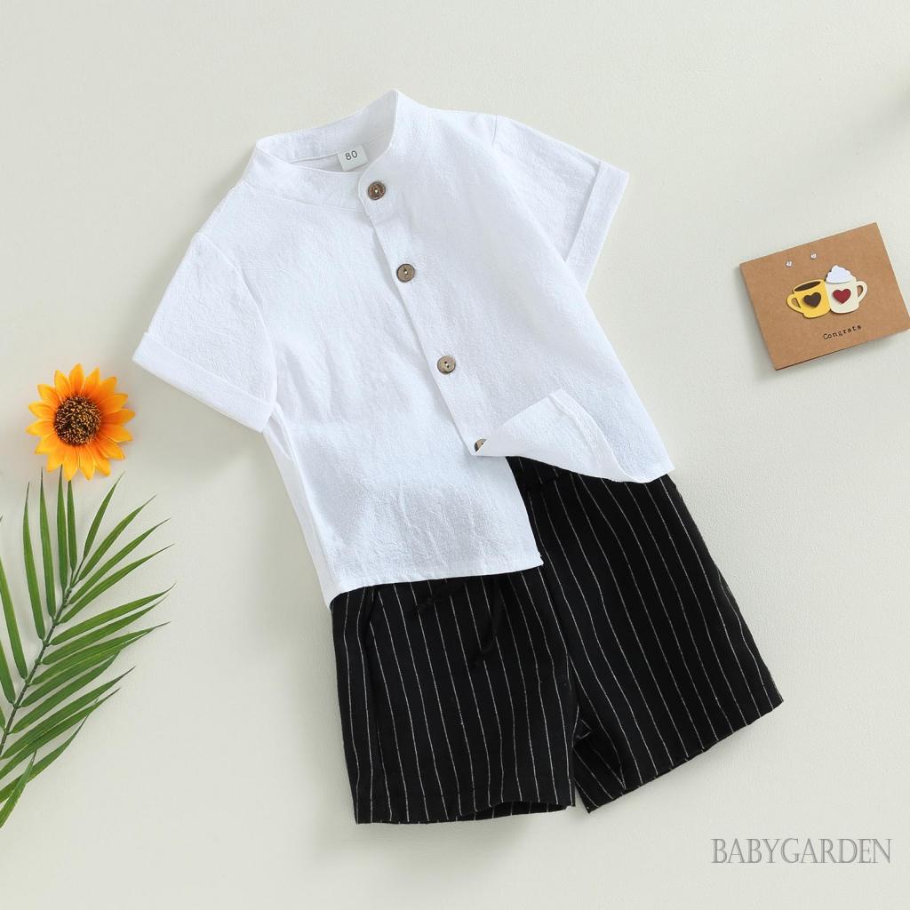 Set Áo Sơ Mi Trắng Ngắn Tay Cổ Tròn + Quần Short Lưng Thun Họa Tiết Kẻ Sọc Màu Sắc Thời Trang Mùa Hè Cho Bé Trai 4-7 Tuổi