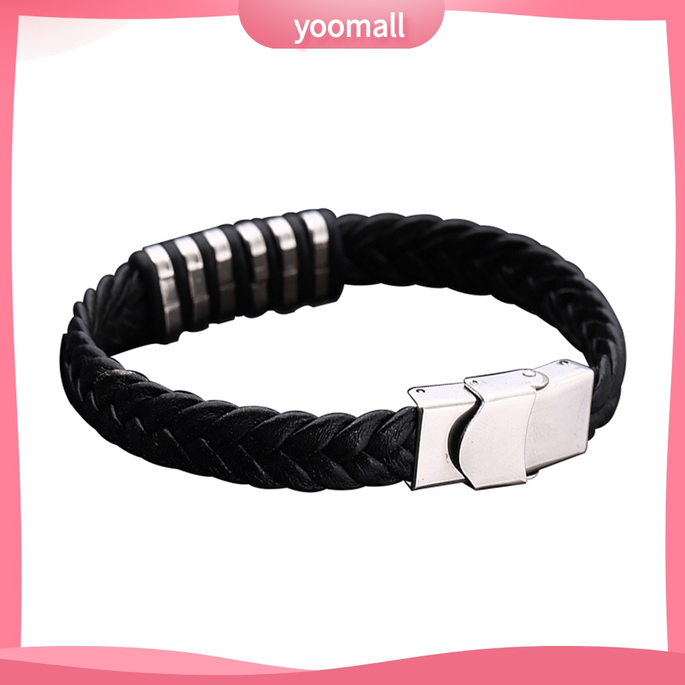 Vòng Tay Giả Da Với Mặt Thép Titan Phong Cách Punk Cho Nam