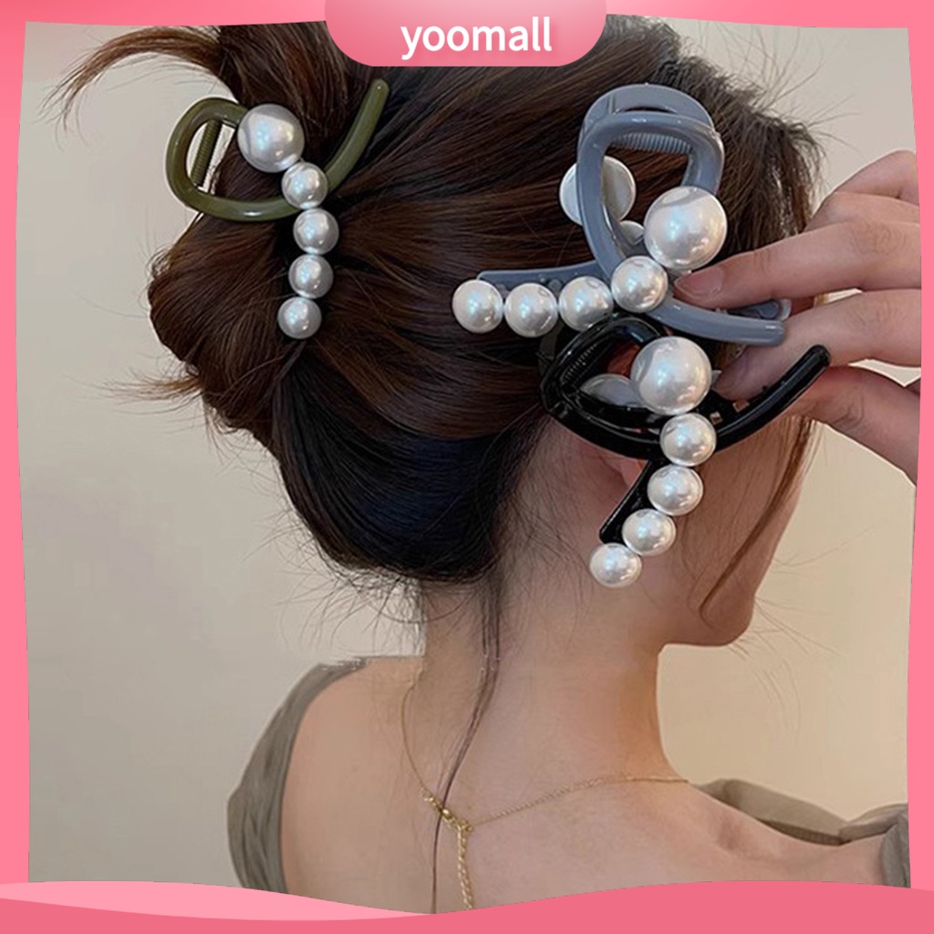 [YM] Kẹp Tóc Móng Vuốt Đính Ngọc Trai Giả Khoét Lỗ Chéo Mạnh Mẽ Màu Sắc Tương Phản Chống Trượt Tạo Kiểu Tóc Cho Nữ