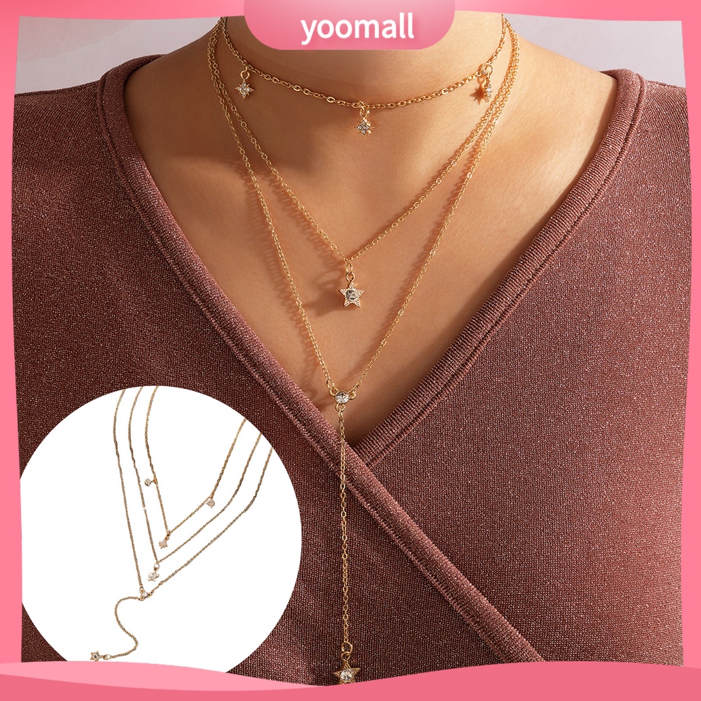 [YM] Vòng Cổ Choker Dài Nhiều Lớp Mặt Ngôi Sao Năm Cánh Đính Kim Cương Giả Cho Nữ Dating