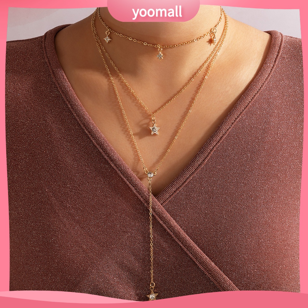 [YM] Vòng Cổ Choker Dài Nhiều Lớp Mặt Ngôi Sao Năm Cánh Đính Kim Cương Giả Cho Nữ Dating