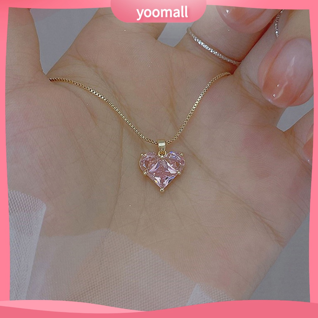 [YM] Vòng cổ Mặt Hình Học Đính Đá Zircon Màu Hồng Lấp Lánh Chống Mài Mòn Không Gây Dị Ứng Dành Cho Nữ