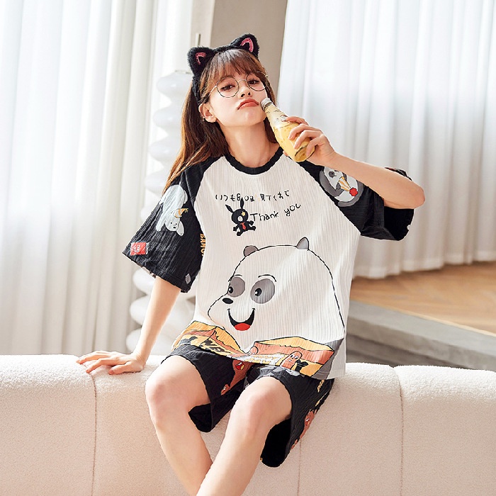 Bộ Đồ Mặc Ở Nhà Ngắn Tay Chất Liệu cotton in Hình Hoạt Hình Dành Cho Nữ