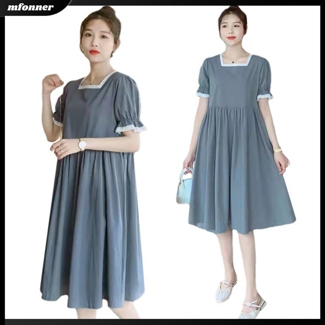 Đầm Midi Chữ A Tay Ngắn Cổ Vuông Dáng Rộng Màu Sắc Đơn Giản Thời Trang Mùa Hè Cho Nữ