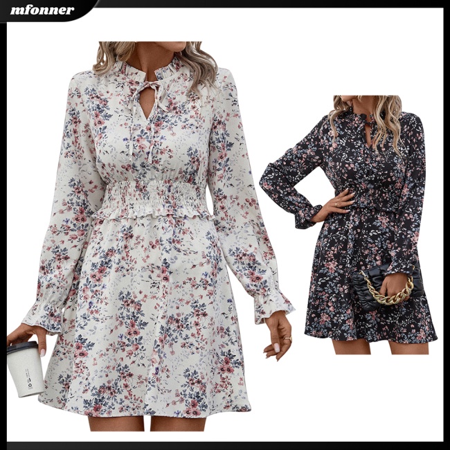 Đầm Ngắn Tay Dài Cổ Chữ V Nhún Bèo Họa Tiết Hoa Thời Trang Mùa Hè Cho Nữ