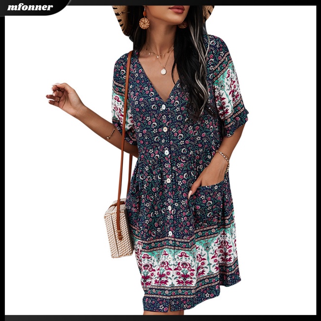 Đầm Tay Ngắn Cổ Chữ V In Họa Tiết Phong Cách Bohemian Thời Trang Mùa Hè Cho Nữ