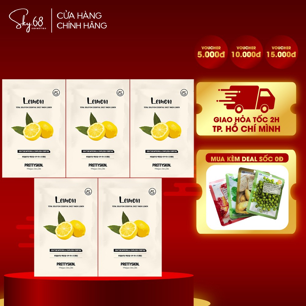 Combo 5 Mặt Nạ Tinh Chất Chanh Vàng Dưỡng Sáng Da Prettyskin Total Solution Essential Sheet Mask 23ml x5 - LEMON