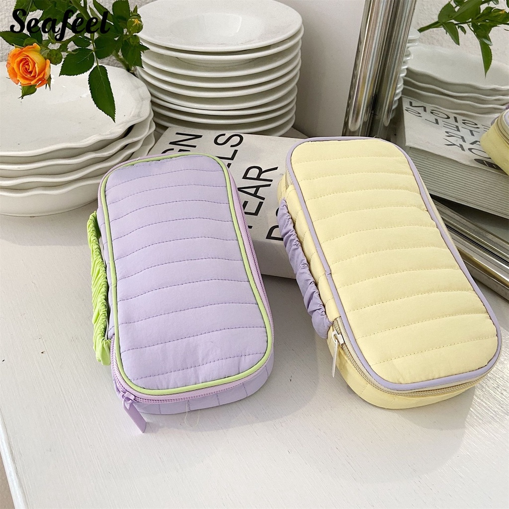 Túi Đựng Bút Chì / Kem Phô Mai / Kem Nền Cỡ Lớn Có Dây Đeo Tay Bằng Nylon Màu Tím / Vàng Cho Học Sinh