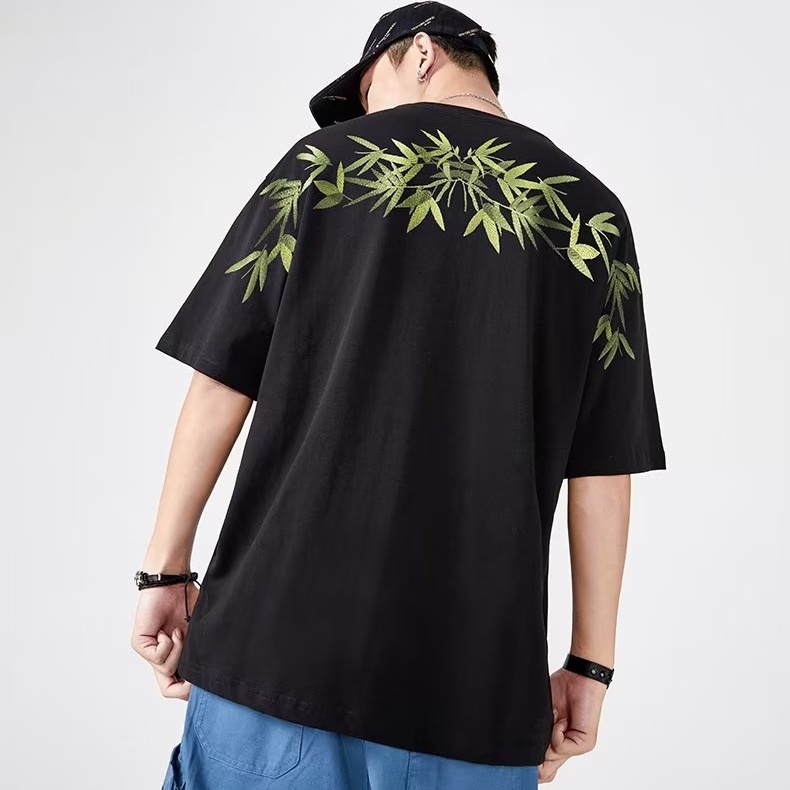 Áo Thun Tay Ngắn Dáng Rộng Thêu Hình Lá Tre Thời Trang Cá Tính Cho Nam
