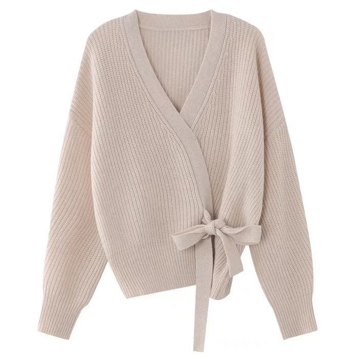 Áo Khoác Cardigan Dệt Kim Tay Dài Cổ Chữ V Phối Nơ Thiết Kế Mới Thời Trang Mùa Thu Dành Cho Nữ