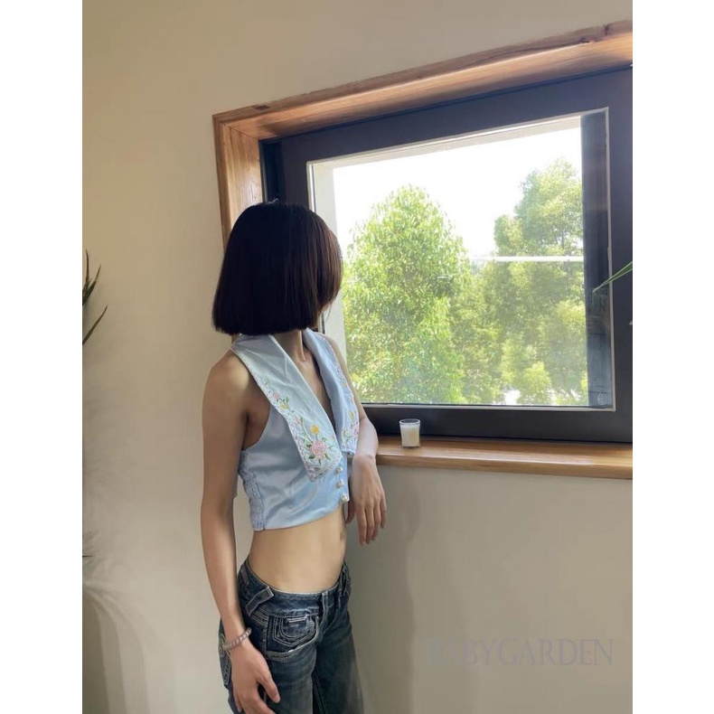 / - Áo Tank Top Hai Dây Thêu Hoa Màu Xanh Dương Thời Trang Mùa Hè Cho Nữ