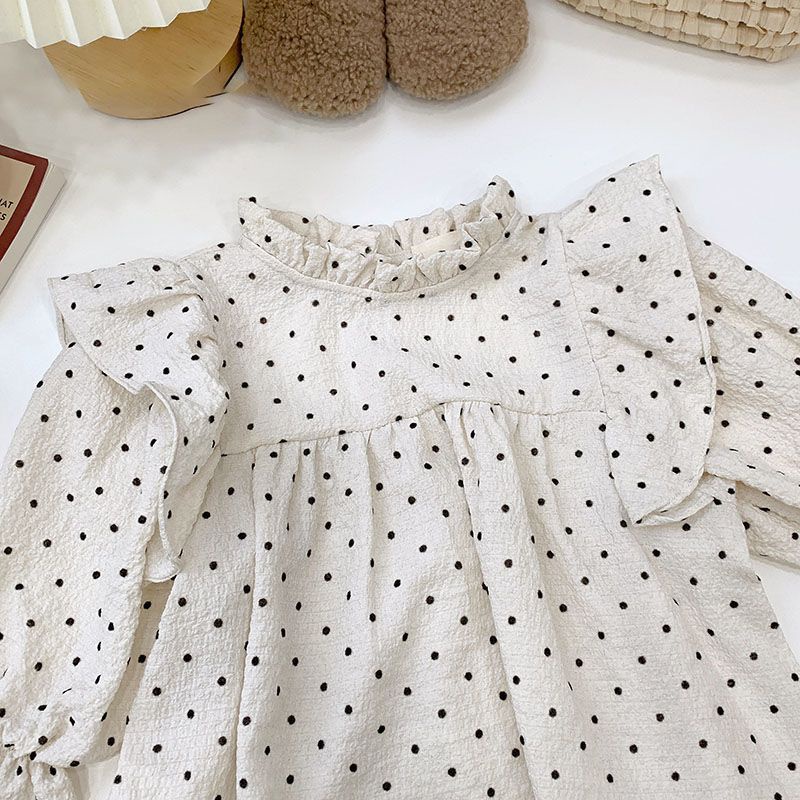 Áo Sơ Mi Cổ Đứng Lá Sen Họa Tiết Chấm Bi Phong Cách Hàn Quốc Thời Trang Mùa Thu 2023 Dành Cho Bé Gái