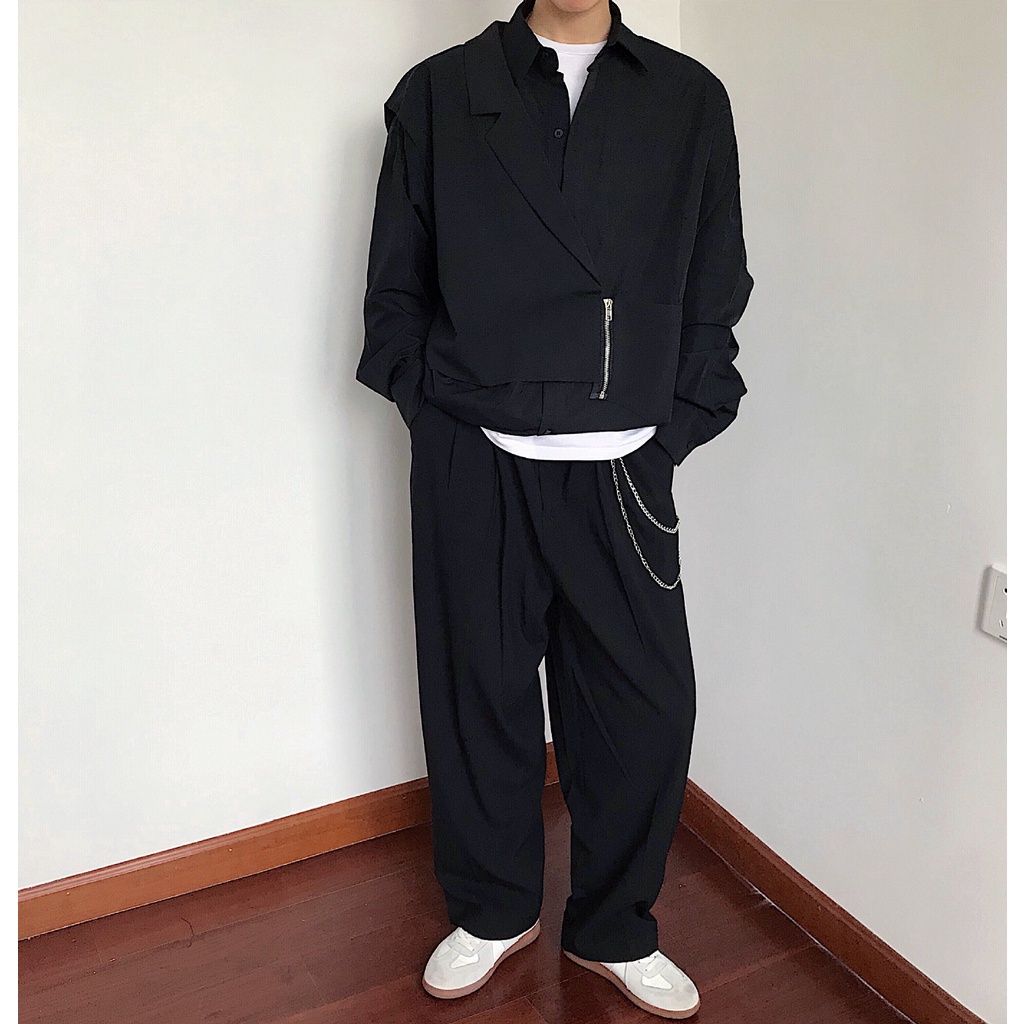 BEFOYI Men's Fake Two Piece Shirt Long Sleeve Loose Korean Casual Contrast Folding Collar Top White Size M-2XL SLC102
