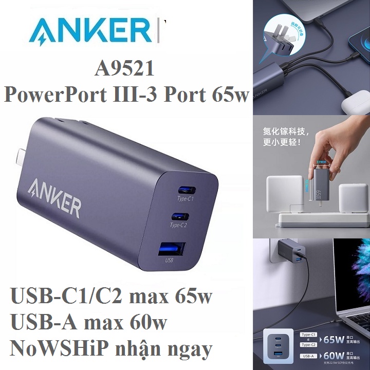 Củ sạc nhanh Anker 65W A9521 3 cổng  , hỗ trợ sạc PD/PPS/QC sạc nhanh cho điện thoại - Máy tính bảng
