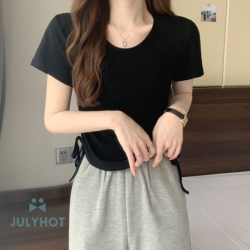 Áo Thun Tay Ngắn Cổ Tròn Màu Trơn Phối Dây Rút Thời Trang Cho Nữ