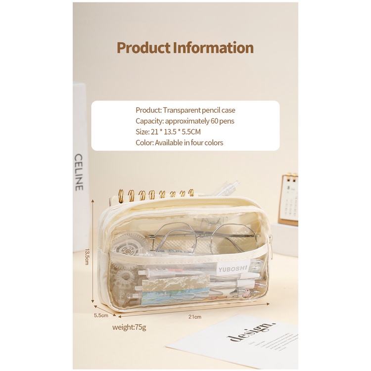 Túi Đựng Bút 3 Ngăn Trong Suốt Có Khóa Kéo Sức Chứa Lớn Họa Tiết Thiên Thần Dễ Thương