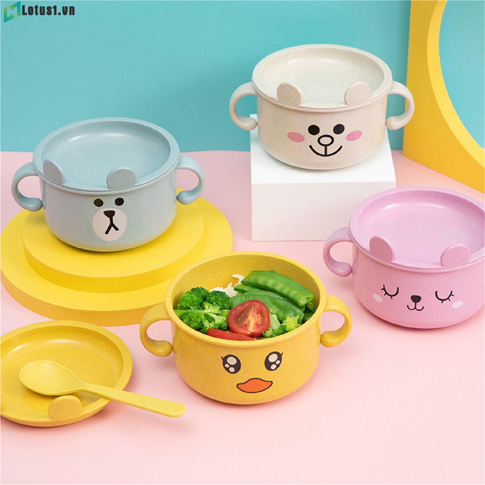 Bát Ăn 480Ml Bằng Sợi Rơm Lúa Mì Hình Vịt Vàng Hoạt Hình Có Nắp Đậy Và Muỗng Cho Bé