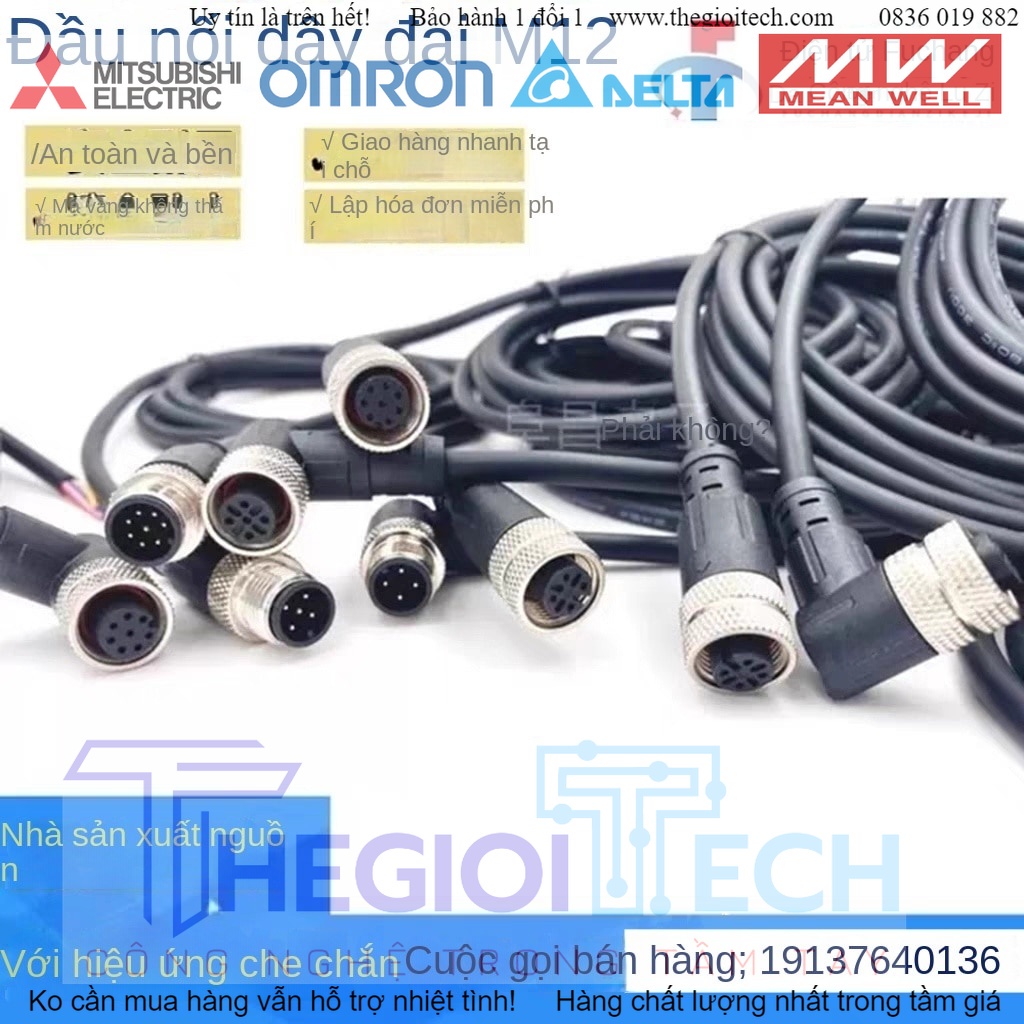 Dây Cảm Biến Jack connector cắm M12, Cáp 4 5 8 12 Lõi, Đầu chân đực, đầu cái, chống thấm nước, kiểu đầu nối thẳng