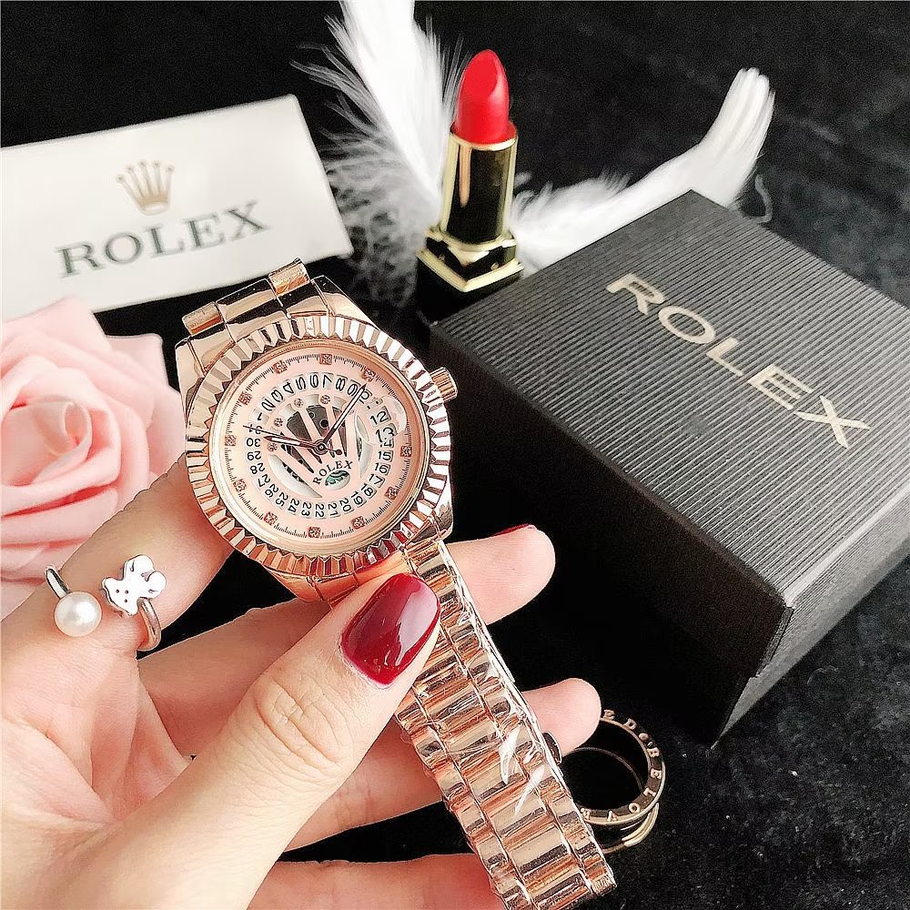 Đồng Hồ Rolex Mặt Tròn Đính Kim Cương Dây Da Thép Không Gỉ Thời Trang Cho Cặp Đôi