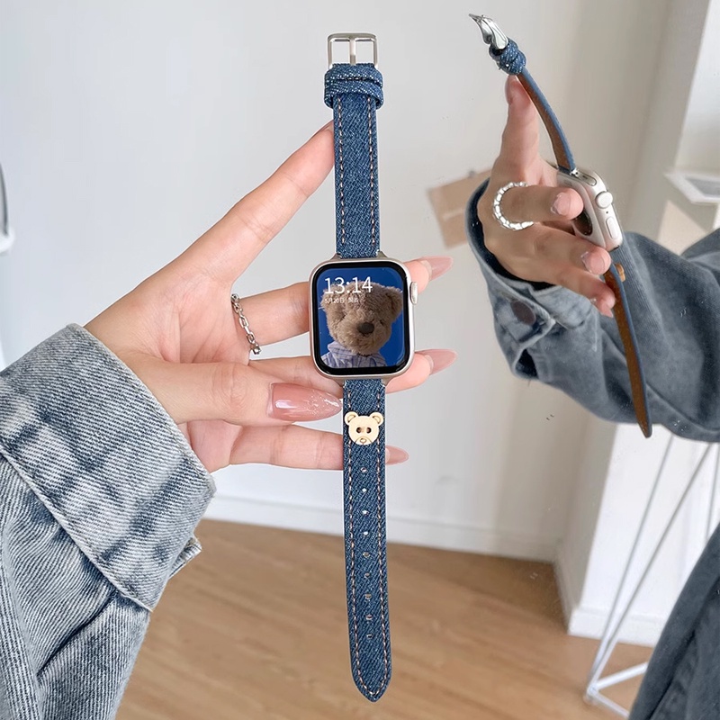 Dây Đeo Đồng Hồ Bằng Denim Họa Tiết Gấu Dễ Thương Cho Apple Watch Series 8 7 6 5 4 3 40mm 41mm 38mm 44mm 45mm 49mm