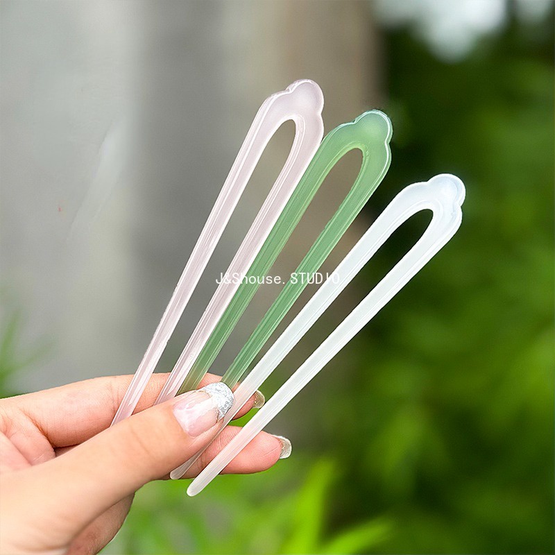 Trâm Cài Tóc Bằng Acrylic Hình Chữ U Màu Xanh Lá Phong Cách Trung Hoa Cổ Điển KF657