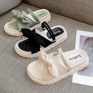 CHUMIAN Giày Sandal Đế Dày Hở Mũi Đính Nơ Thời Trang Đi Biển Cho Nữ