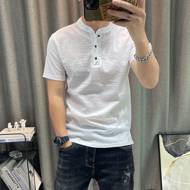 Áo Thun Polo Cotton Lanh Mỏng Ôm Dáng Cổ Đứng Tay Ngắn Phong Cách Hong Kong Cho Nam