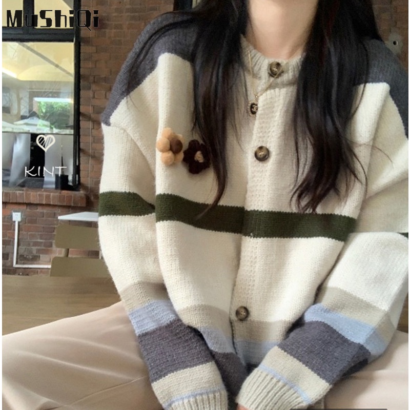 Áo len cardigan MUSHIQI dệt kim sọc màu tương phản phong cách Hồng Kông mới cho nữ
