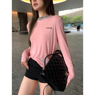 YWFO MIU-MIU 23 autumn and winter New letter small stand collar nail Diamond decorative design long sleeve T-shirt women's fashion all-match casual style