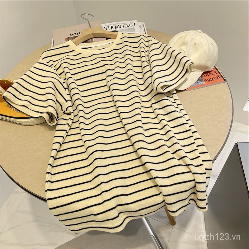 Áo Thun Ngắn Tay Dáng Rộng Họa Tiết Kẻ Sọc Thời Trang Mùa Hè Phong Cách Retro Mới Cho Nữ