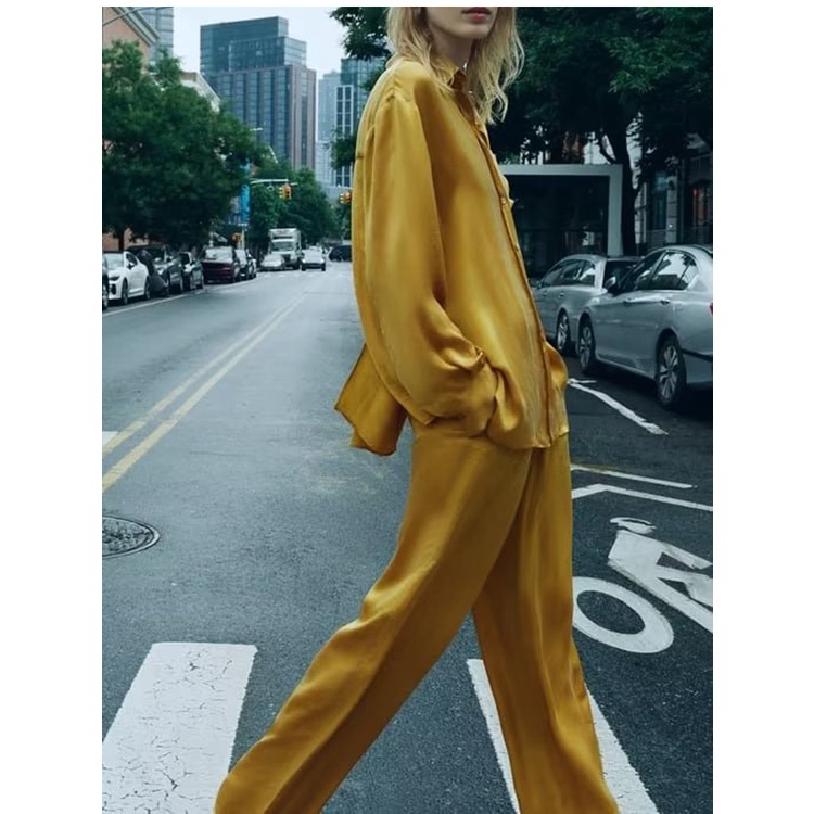 Zara Bộ Đồ Ngủ Áo Sơ Mi Vải satin + Quần Ống Loe Thời Trang Mùa Hè7858735 7859735